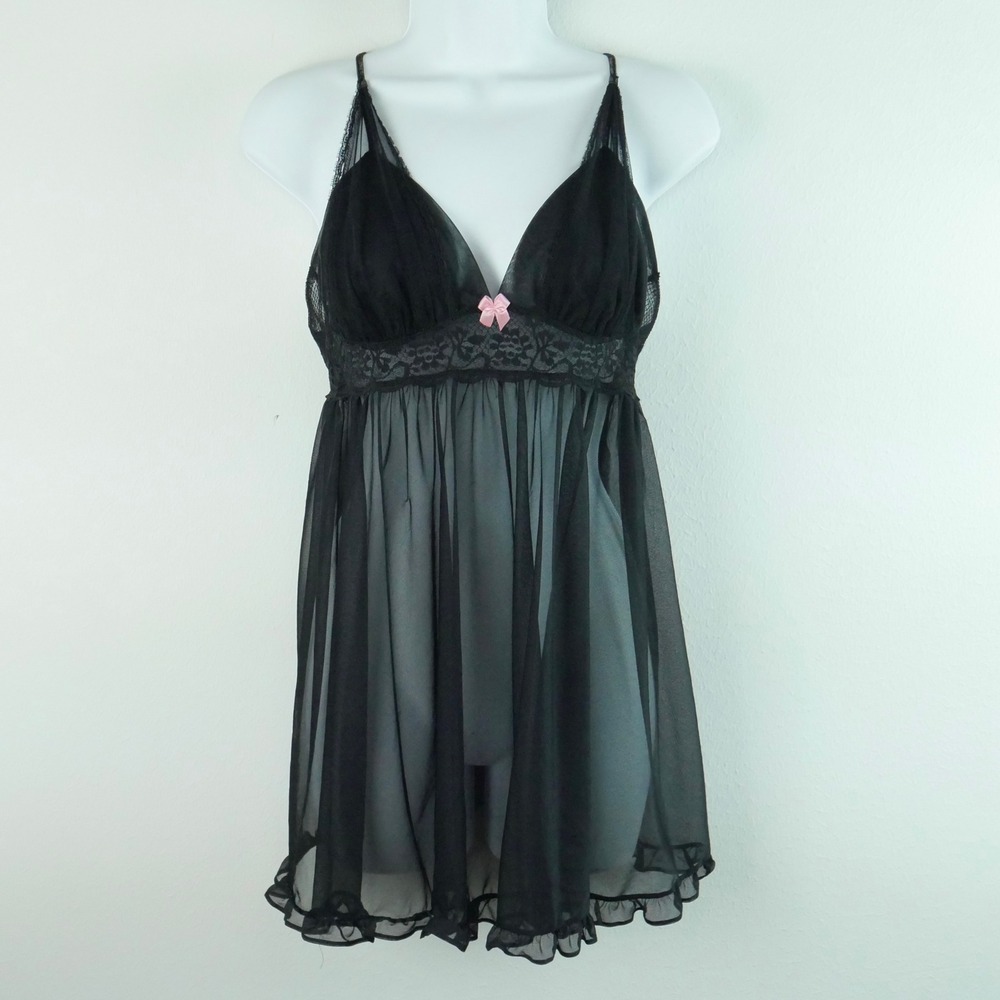 Betsey Johnson Black Sheer Mesh Lace Babydoll Y2Kโ Chemise Pink Bow L Coquette